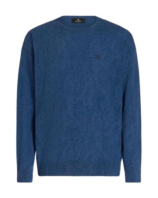 Etro Blue Logo-Embroidered Crewneck Knitted Jumper for men