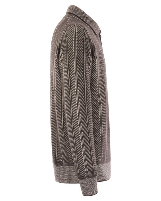 Brunello Cucinelli Gray Polo Neck Chevron Knitted Jumper for men