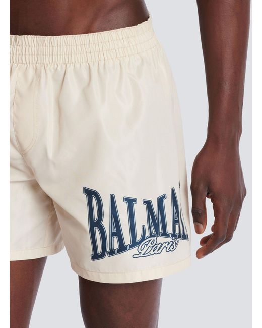 Balmain White Printed Swim Shorts for men