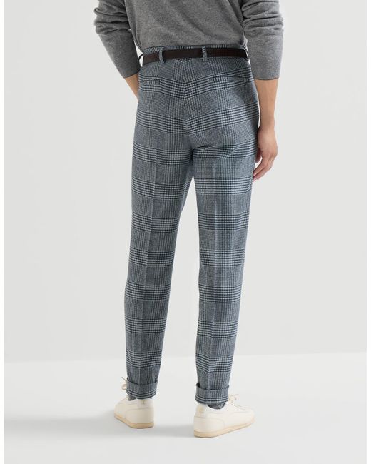Brunello Cucinelli Blue Comfort Wool And Cashmere Prince Of Wales Flannel Trousers With Pleat for men
