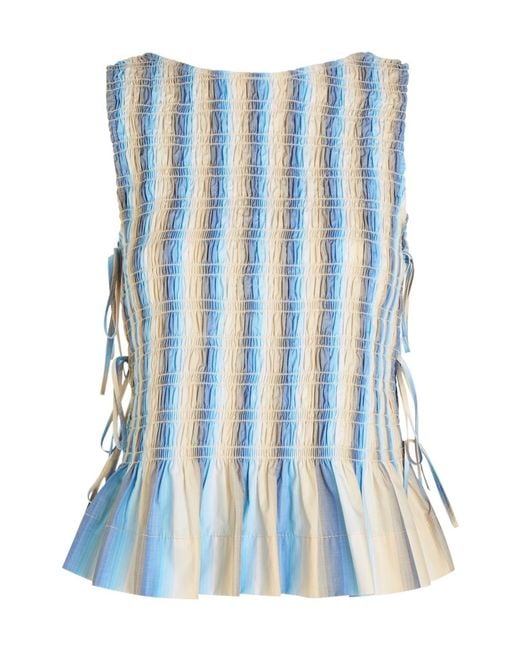 Ganni Blue Ombre Stripe Smocked Cotton-Poplin Top