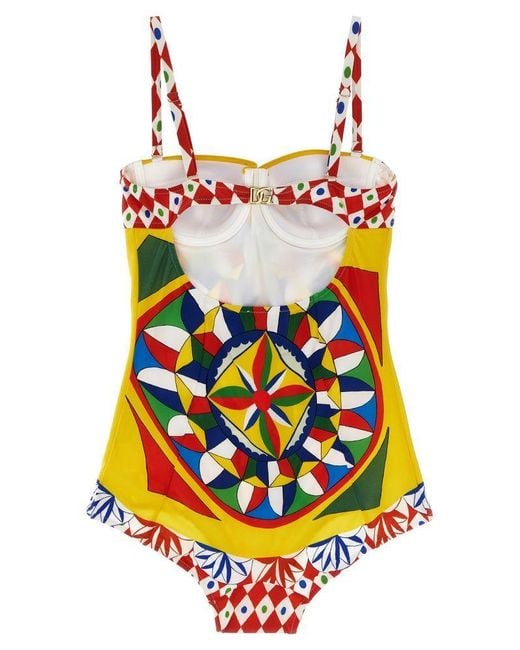 Dolce & Gabbana Red Carretto-Printed Balconette One-Piece Swimsuit
