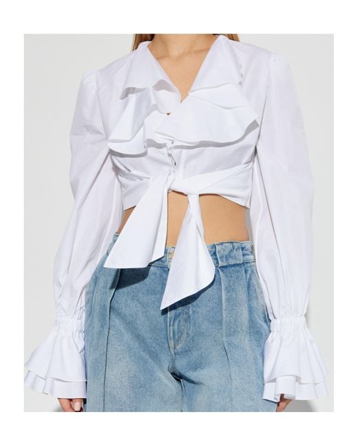 Balmain White Ruffle Detailed Cropped Shirt
