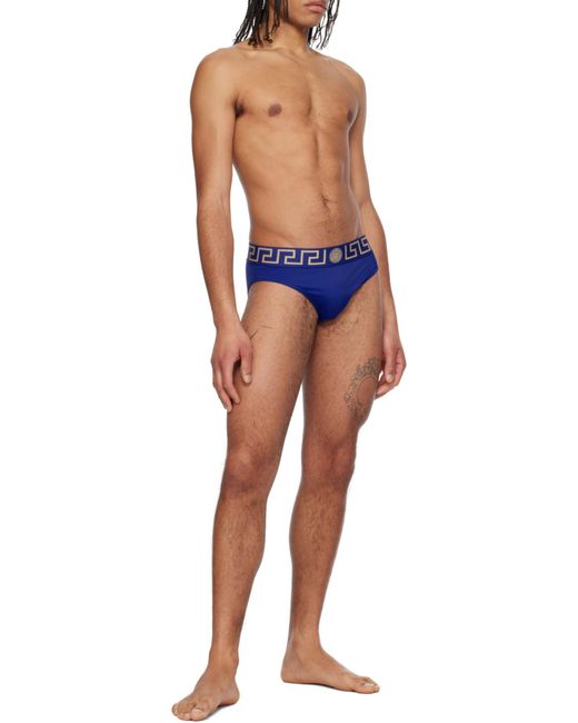 Versace Blue Greca-Pattern Medusa-Head Swim Trunks for men