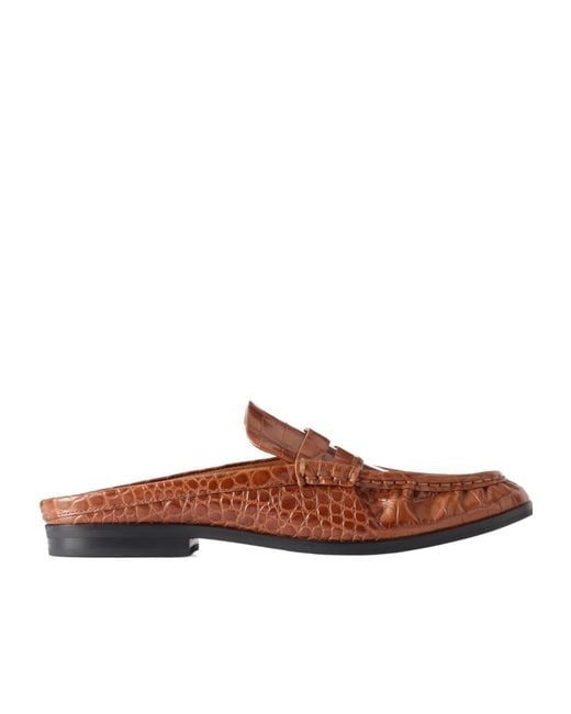 Jonathan Simkhai Brown Glossy Crocodile Embossed Leather Slip-On Shoes