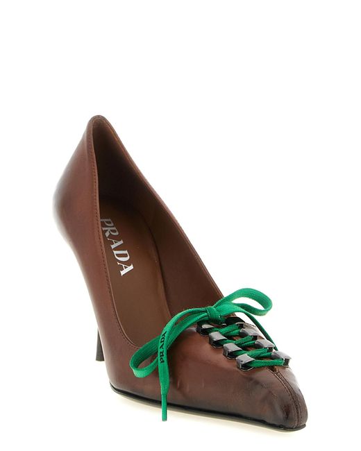 Prada Brown Lace-Up Kitten Heeled Pumps