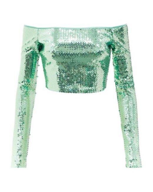 David Koma Green Sequined Off-Shoulder Crop Top