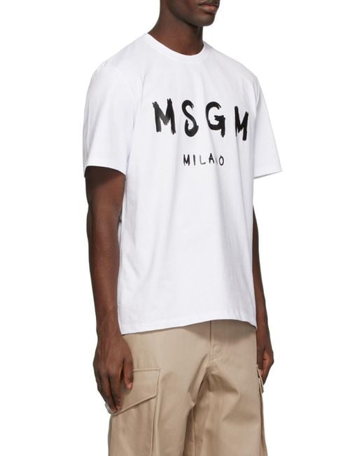 MSGM White Logo Printed Crew Neck T-Shirt for men