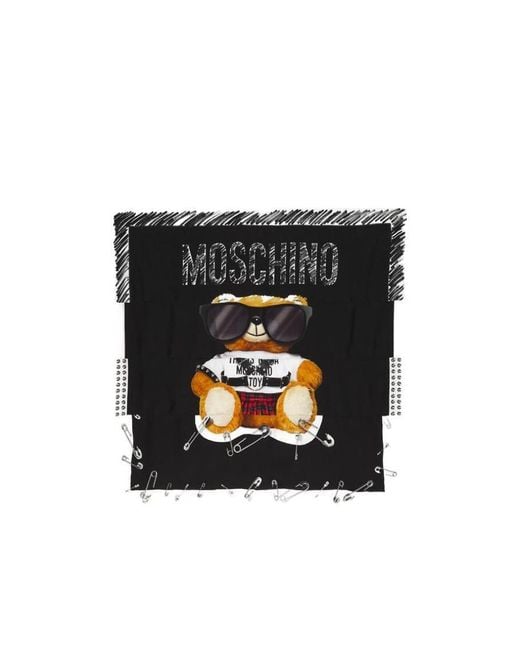 Moschino Black Teddy Bear Printed Silk Scarf