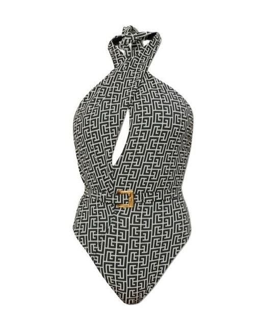 Balmain Gray Logo Monogram One Piece Swimsuit