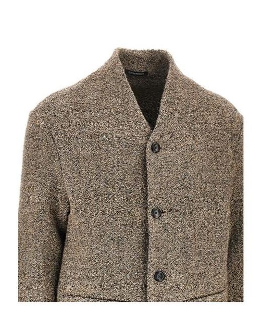 Emporio Armani Brown V-Neck Bouclé-Knit Jacket for men