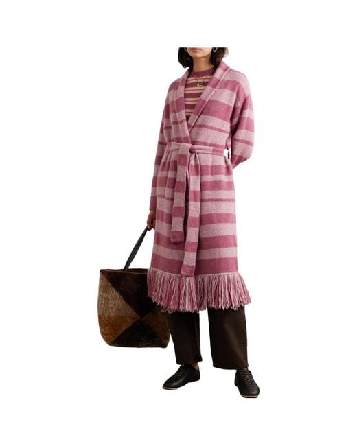 The Elder Statesman Red Belted Fringed Striped Cashmere Cardigan