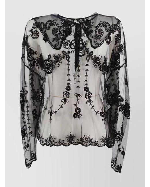 Philosophy Di Lorenzo Serafini Gray Sheer Mesh Top Floral Embroidery