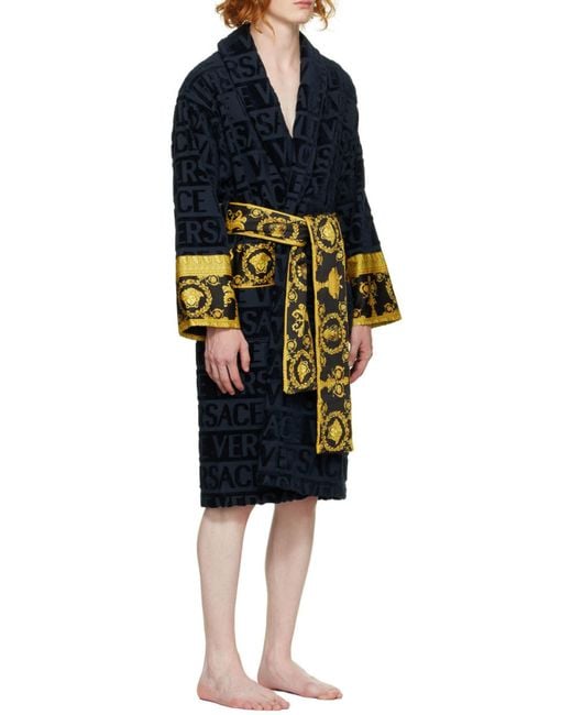 Versace Blue Barocco-Panel Logo Devoré Robe