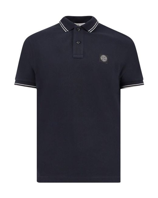 Stone Island Blue Logo Patch Buttoned Polo Shirt for men
