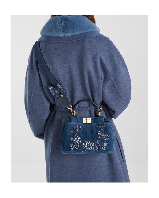 Fendi Blue Mini Peekaboo Floral-Embroidered Denim Tote Bag