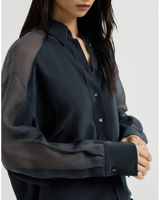 Brunello Cucinelli Blue Silk Crêpe De Chine Paneled Shirt With Monili