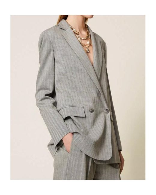 Twinset Gray Pinstriped Double-Breasted Blazer