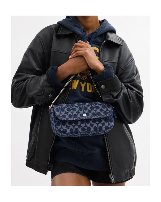 COACH Blue Bolsa Brook Flap Chain Signature Denim