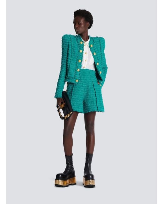 Balmain Green Buttoned Tweed Shorts