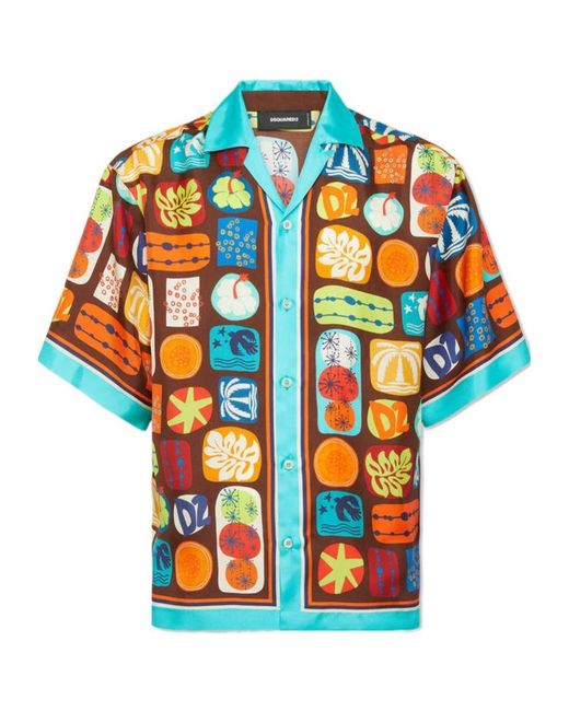 DSquared² Blue Summer Lovers Drop Shoulder Bowling Shirt for men