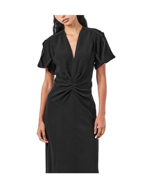 Victoria Beckham Black Gathered V-Neck Midi Dress