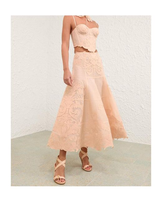 Zimmermann Natural Floral Appliqué Midi Skirt