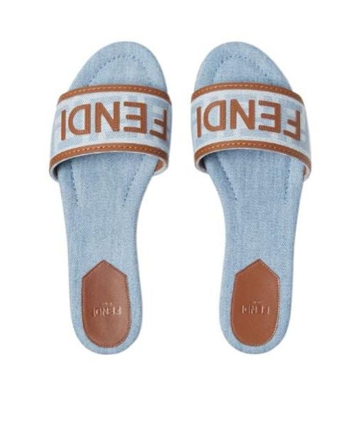 Fendi Blue Light Denim-Effect Ff Jacquard Slides