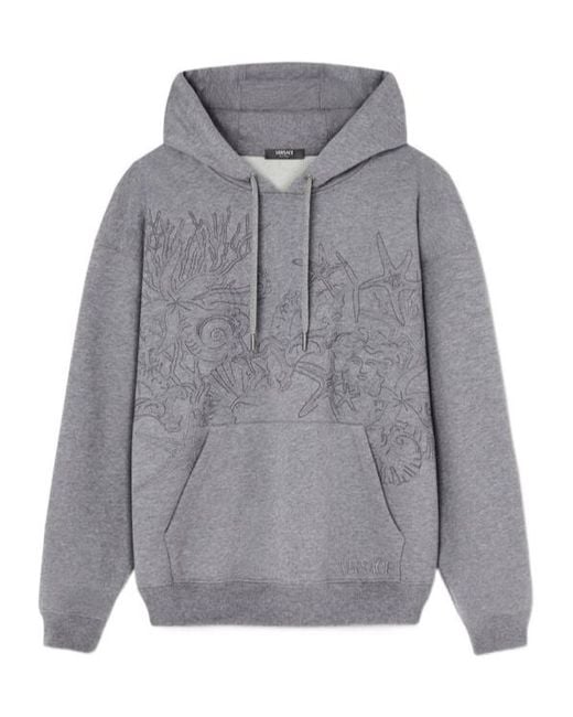 Versace Gray Milano Stamp-Embroidered Drawstring Hoodie for men