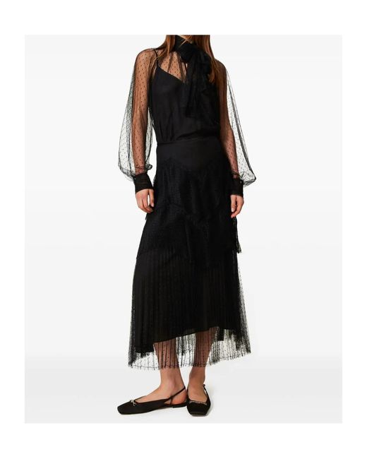 Twinset Black Pleated Tiered Midi Skirt