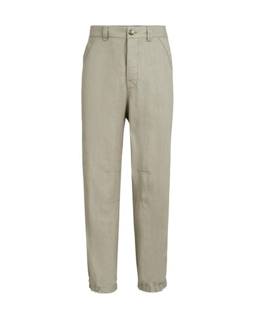 Brunello Cucinelli Gray Linen Micro Chevron Trousers With Drawstrings for men
