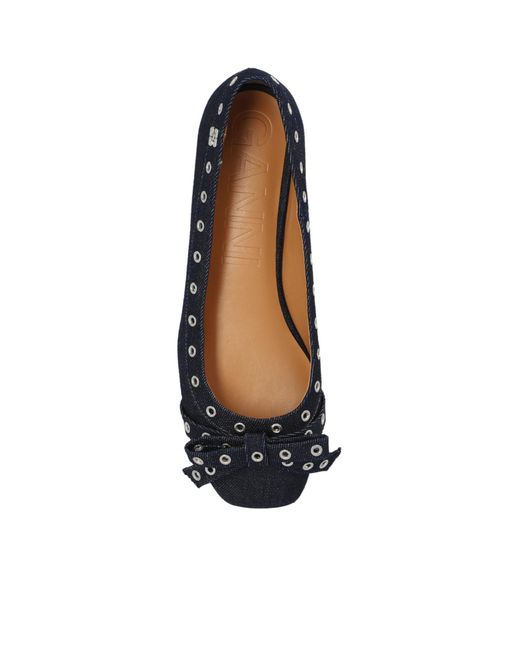 Ganni Black Denim Eyelet Bow Ballerinas