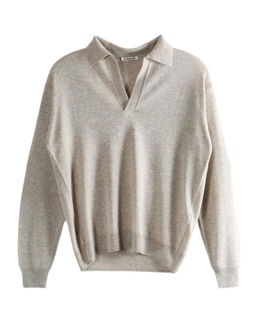 Auralee Gray Cashmere Blend Long-Sleeved Knit Polo Shirt