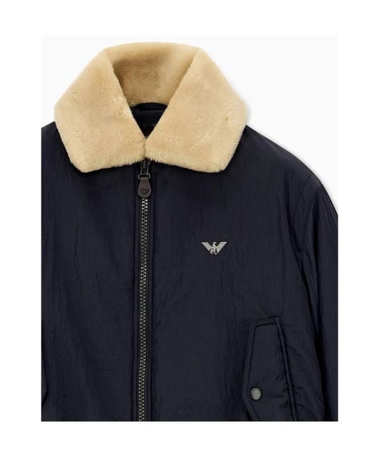 Emporio Armani Blue Cropped, Collared, Color-Block Padded Jacket With A Double-Layer Zipper for men