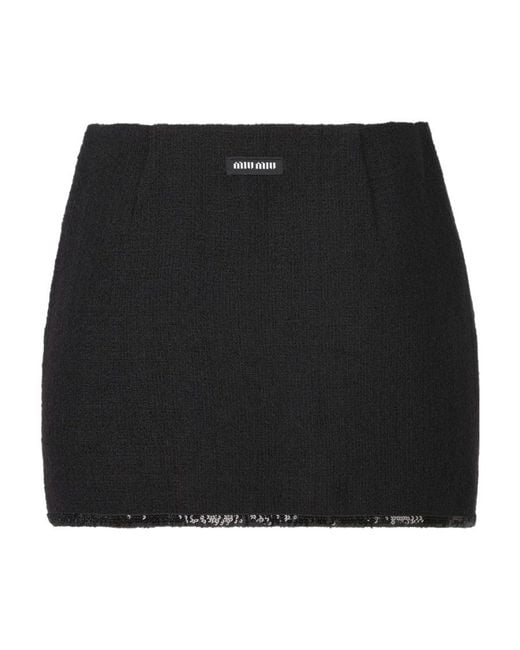Miu Miu Black Logo-Patch Sequin-Trim Mini Skirt
