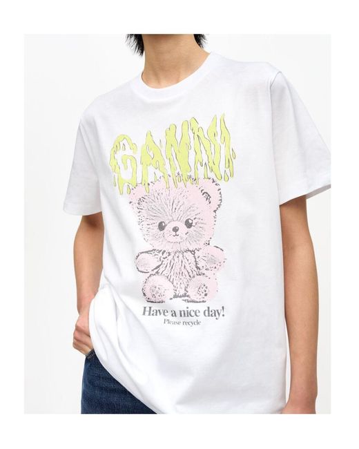 Ganni White Logo Printed Crewneck T-Shirt