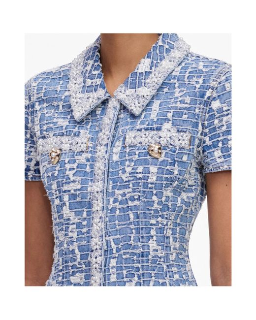 Self-Portrait Blue Sequin-Embellished Collared Mini Dress