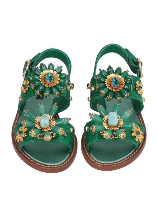 Dolce & Gabbana Green Croc-Embossed Rhinestone Sandals