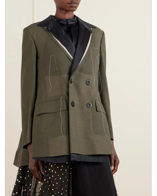 Sacai Green Double-Breasted Pleated Embroidered Suit Jacket
