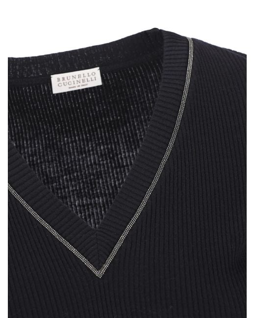 Brunello Cucinelli Black Shiny Trim Ribbed Top