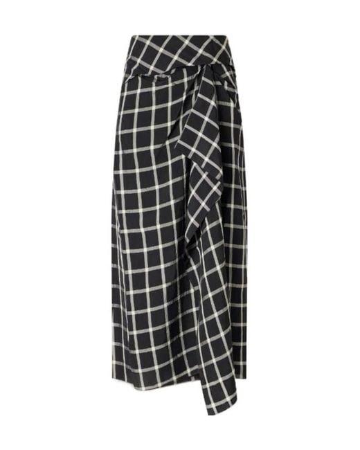 Erdem Black Draped Checked Crinkled-Satin Midi Skirt