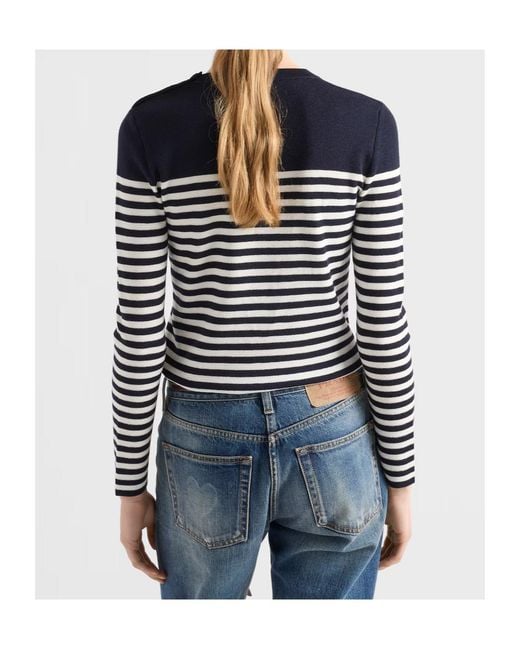 Prada Blue Crewneck Striped Jumper
