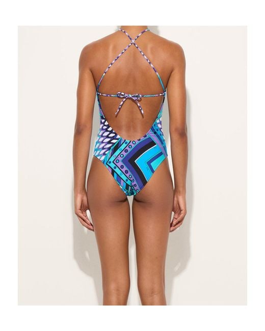 Emilio Pucci Blue Vivara Print Halter One Piece Swimsuit