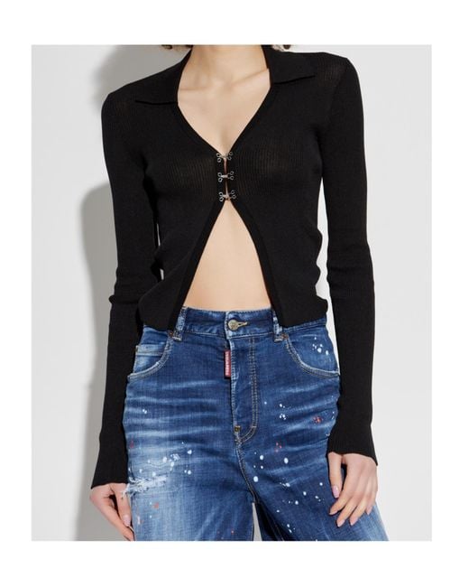DSquared² Black Ribbed-Knit Long Sleeved Cardigan