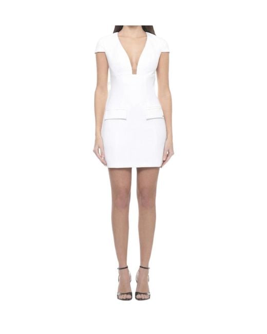 Elisabetta Franchi White Ivory Dress With Deep V-Neckline And Flap Pockets