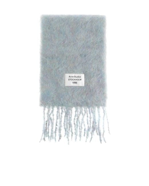 Acne Blue Logo Patch Fringed-Edge Scarf