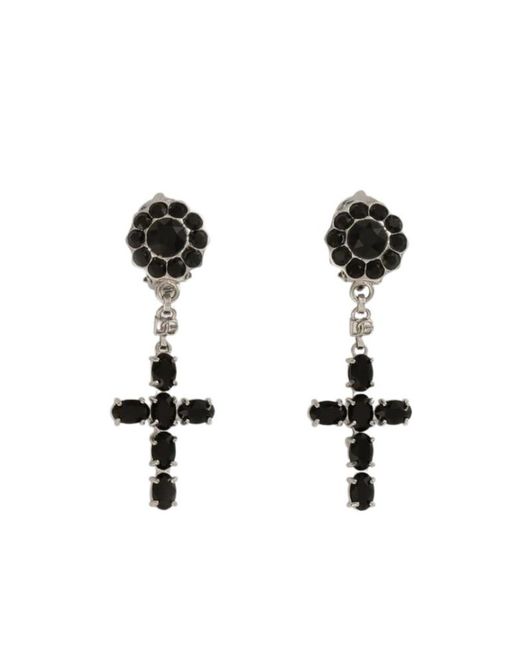 Dolce & Gabbana Black Embellished Cross Drop Earrings