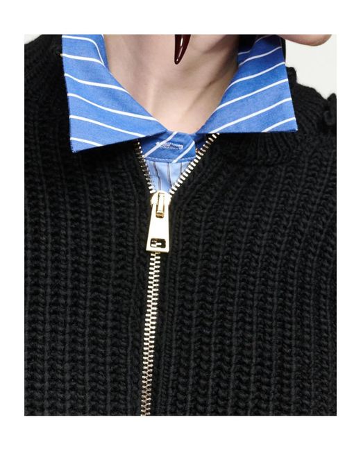 Essentiel Antwerp Black Fringe-Sleeve Wool-Blend Cardigan