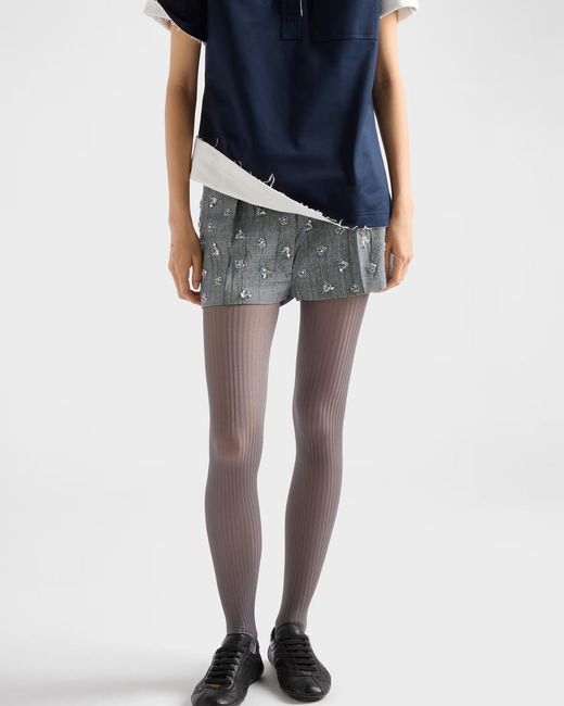 Prada Gray Embroidered Wool Pinstripe Shorts