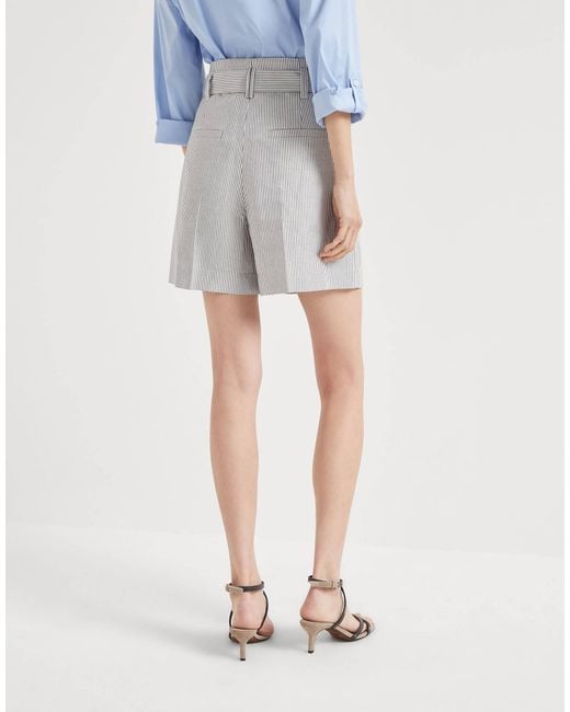 Brunello Cucinelli Blue Monili-Embellished Striped Shorts